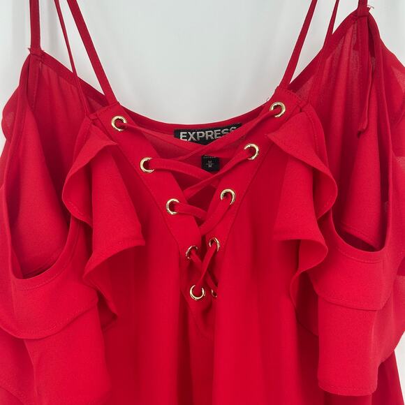 Express Women's Cold Shoulder Cami Top Size M Red Ruffle Lace Up Dressy Blouse - Picture 3 of 10